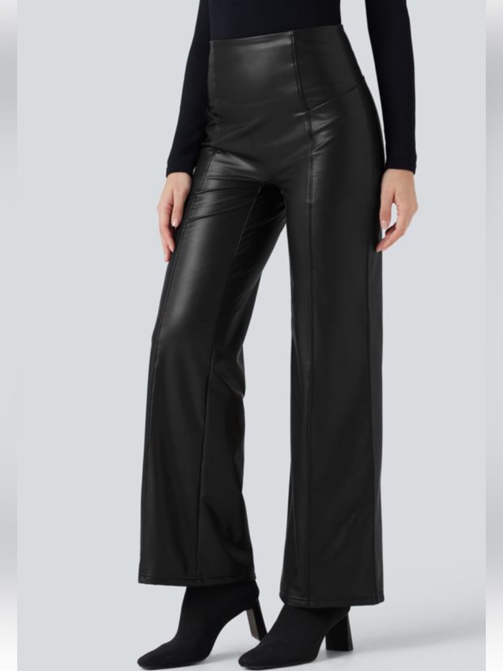 HALARA Faux Leather Wide-Leg Trousers with High Waist Pull on black chic large